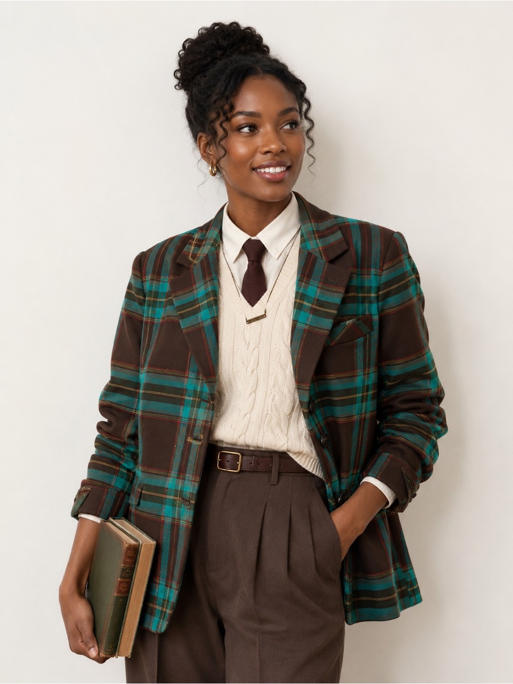 Trina Turk Plaid Blazer Women’s Size 6 Teal Brown Tartan Academia Jacket